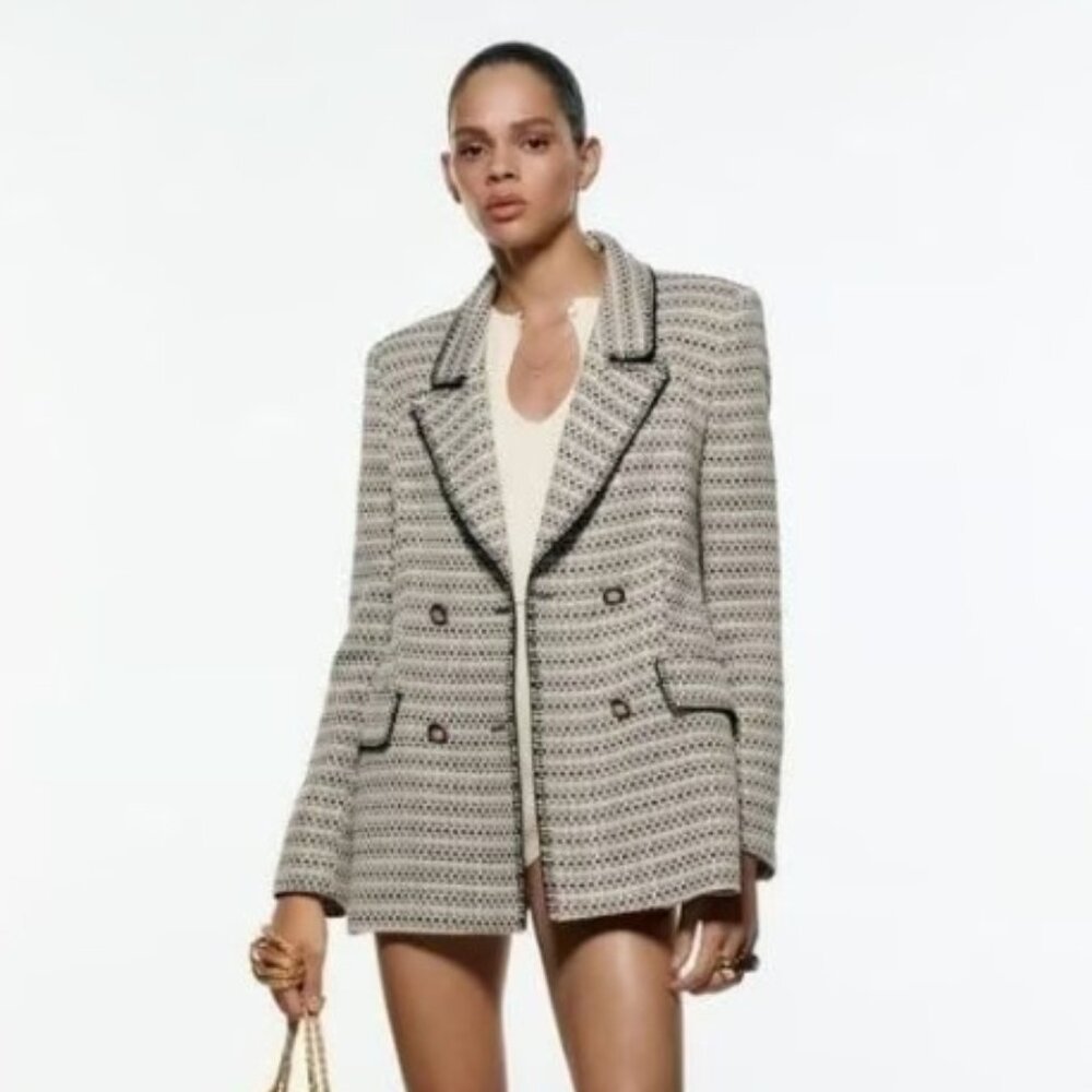 Zara Marbled Navy and Cream Tweed Blazer with Gold Accents